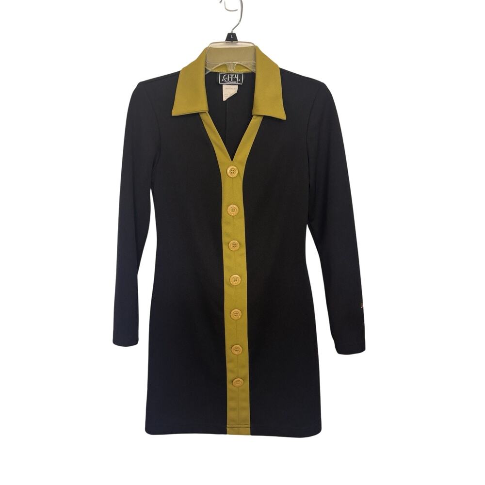 Vtg 90s City Triangles Mod Mini Dress Black Chartreuse Colorblock S USA